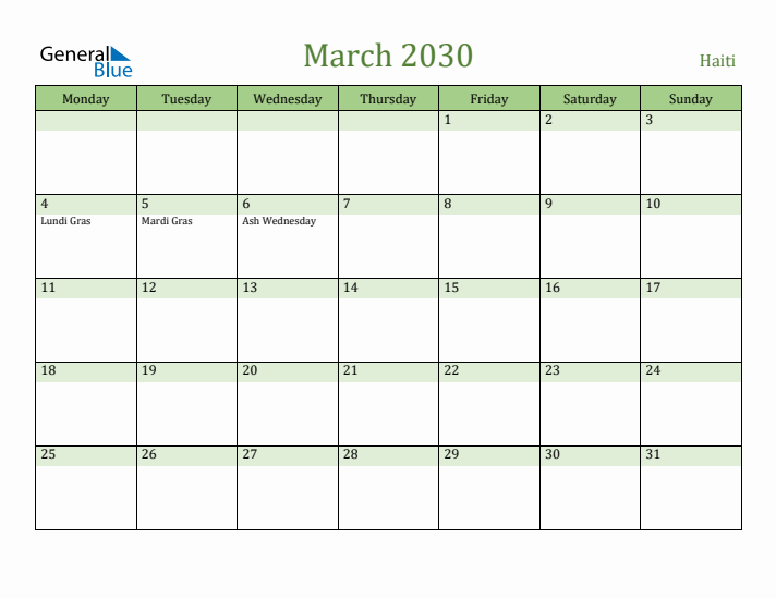 March 2030 Calendar with Haiti Holidays