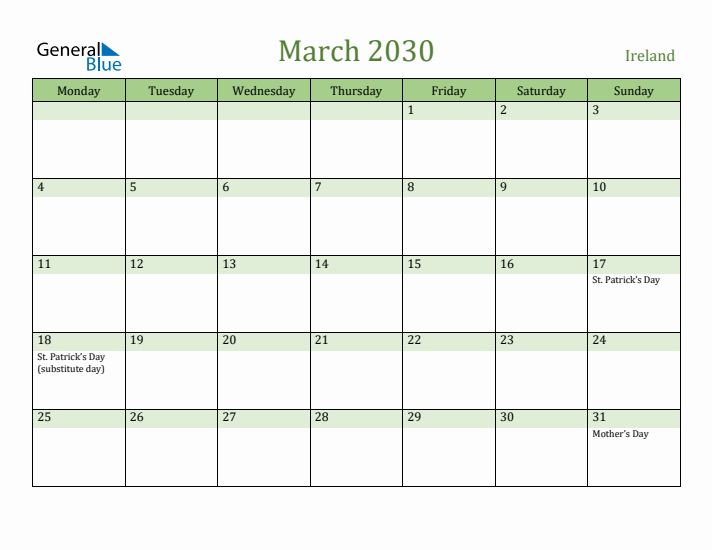March 2030 Calendar with Ireland Holidays