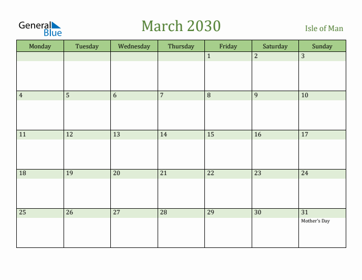 March 2030 Calendar with Isle of Man Holidays