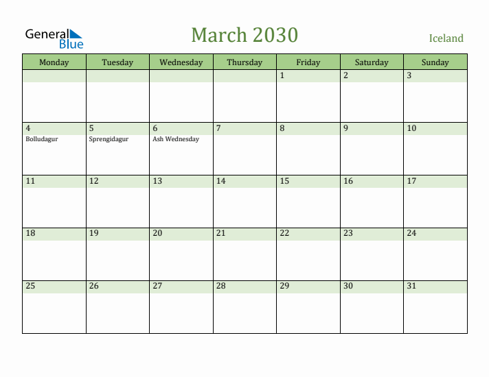 March 2030 Calendar with Iceland Holidays