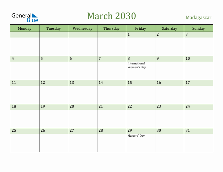 March 2030 Calendar with Madagascar Holidays