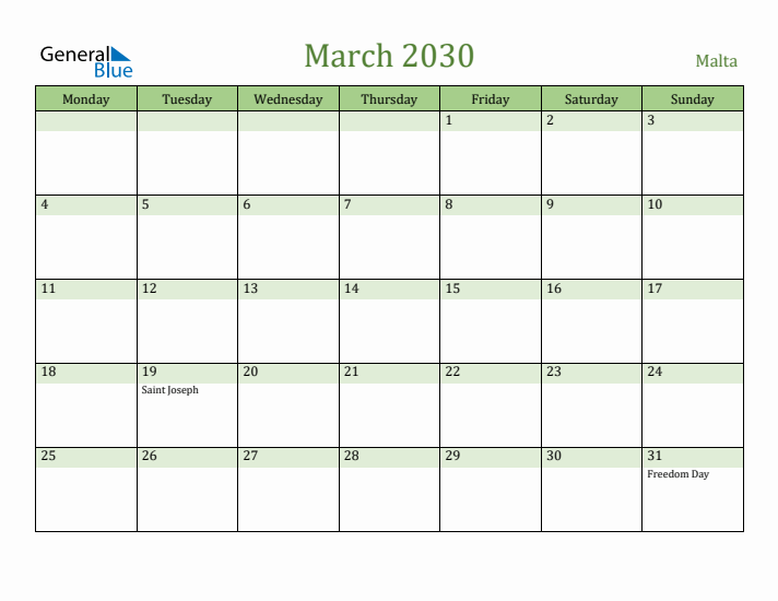 March 2030 Calendar with Malta Holidays