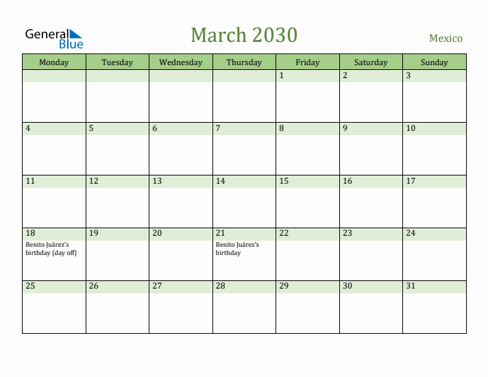 March 2030 Calendar with Mexico Holidays
