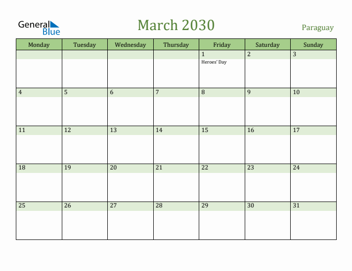 March 2030 Calendar with Paraguay Holidays