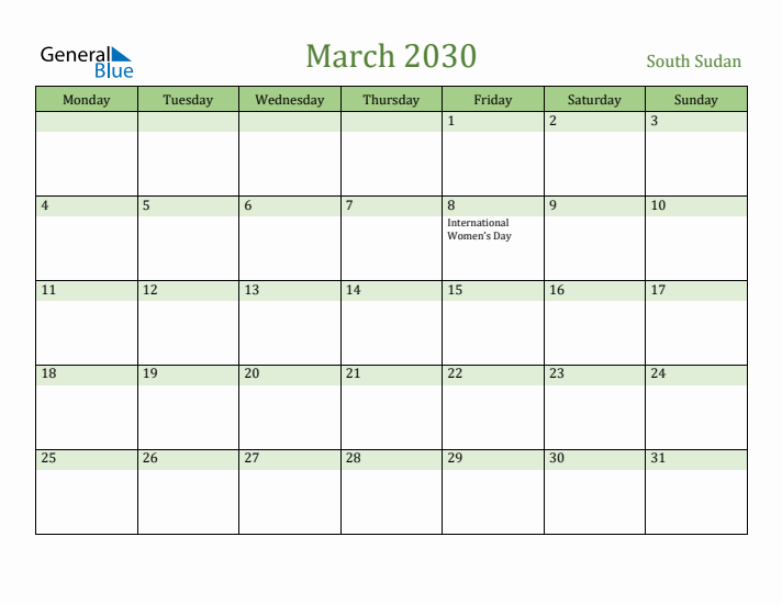 March 2030 Calendar with South Sudan Holidays
