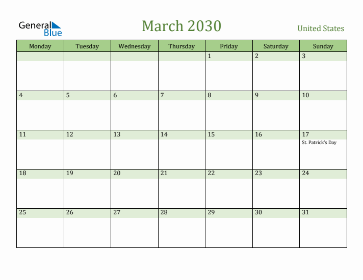 March 2030 Calendar with United States Holidays