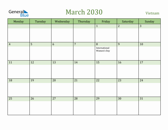 March 2030 Calendar with Vietnam Holidays