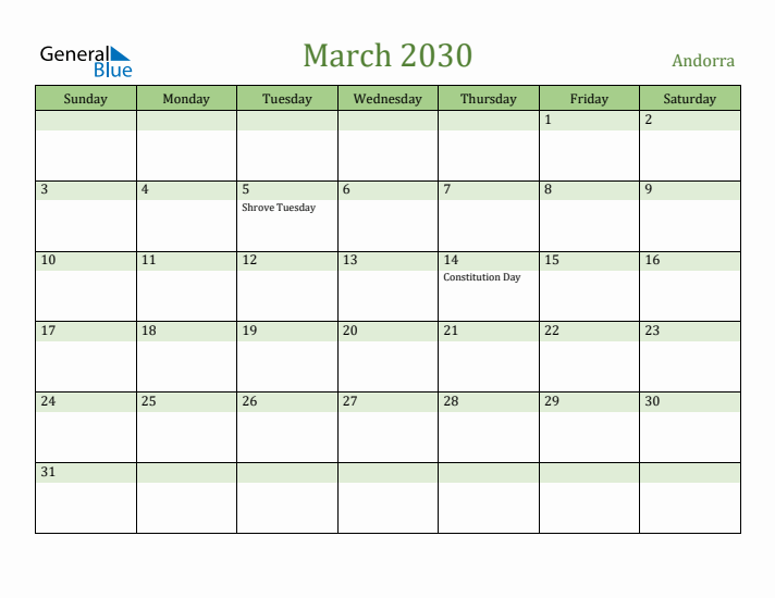 March 2030 Calendar with Andorra Holidays