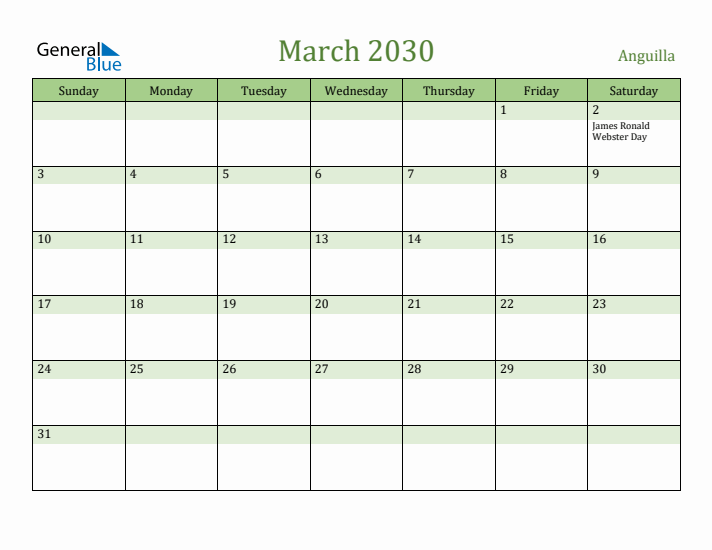 March 2030 Calendar with Anguilla Holidays