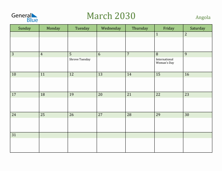 March 2030 Calendar with Angola Holidays