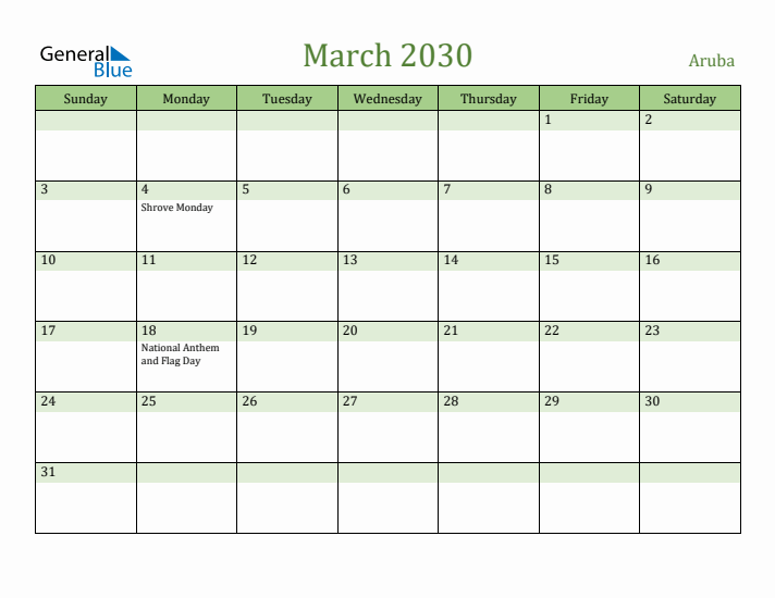 March 2030 Calendar with Aruba Holidays