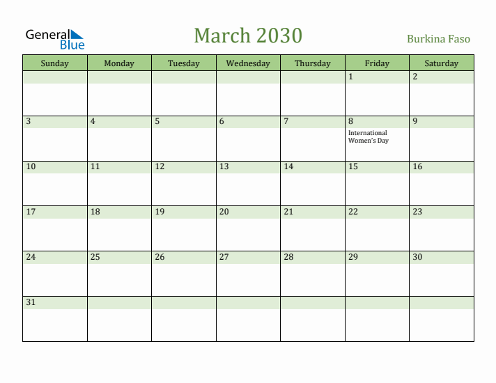 March 2030 Calendar with Burkina Faso Holidays