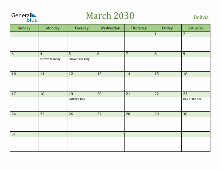 March 2030 Calendar with Bolivia Holidays