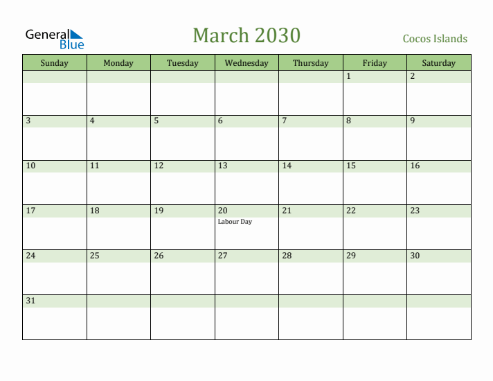 March 2030 Calendar with Cocos Islands Holidays