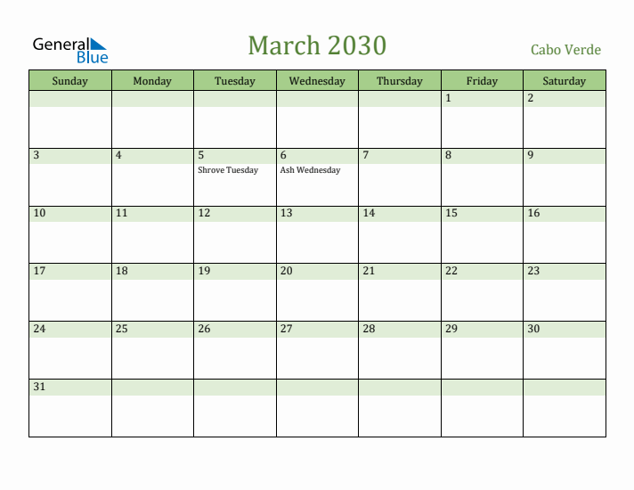 March 2030 Calendar with Cabo Verde Holidays