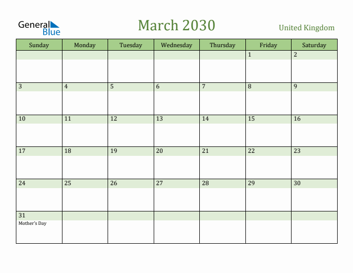 March 2030 Calendar with United Kingdom Holidays