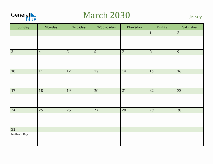March 2030 Calendar with Jersey Holidays