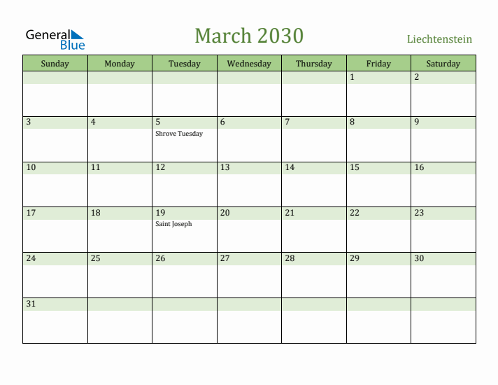March 2030 Calendar with Liechtenstein Holidays