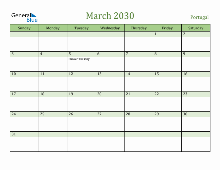 March 2030 Calendar with Portugal Holidays