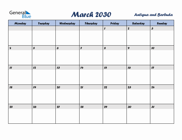 March 2030 Calendar with Holidays in Antigua and Barbuda
