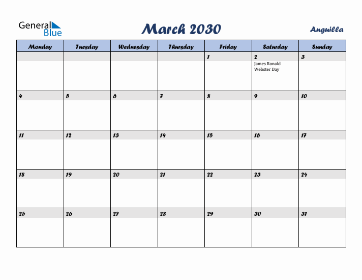 March 2030 Calendar with Holidays in Anguilla