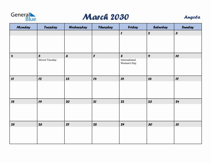 March 2030 Calendar with Holidays in Angola