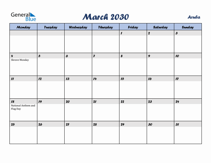 March 2030 Calendar with Holidays in Aruba