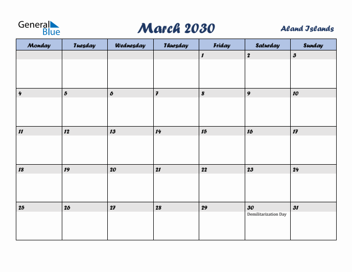 March 2030 Calendar with Holidays in Aland Islands