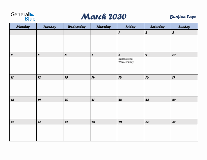 March 2030 Calendar with Holidays in Burkina Faso