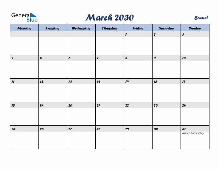 March 2030 Calendar with Holidays in Brunei
