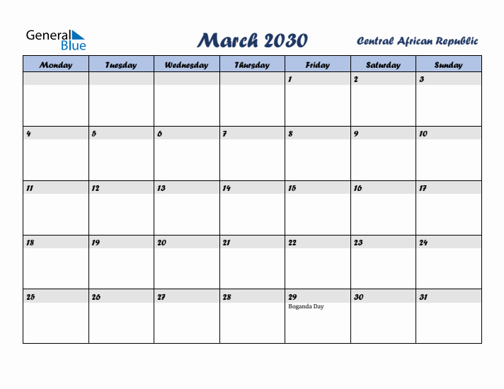 March 2030 Calendar with Holidays in Central African Republic