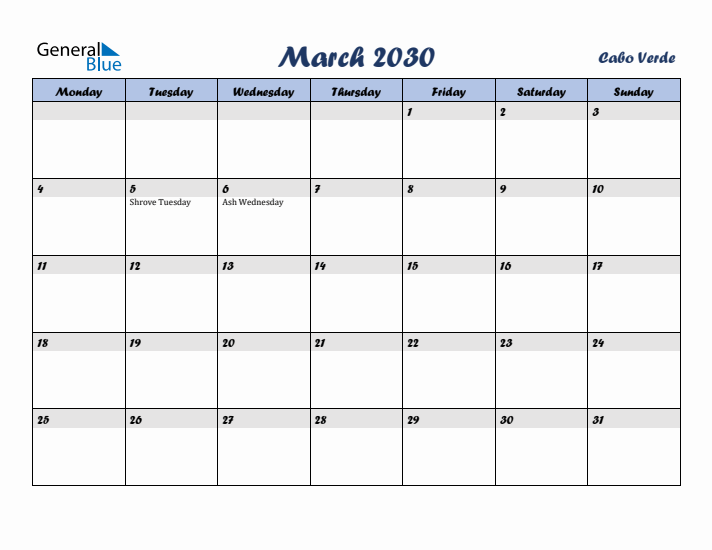 March 2030 Calendar with Holidays in Cabo Verde