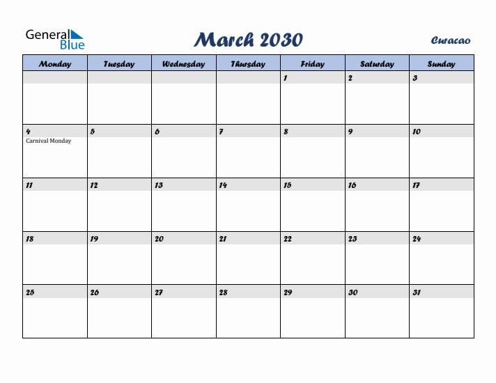 March 2030 Calendar with Holidays in Curacao