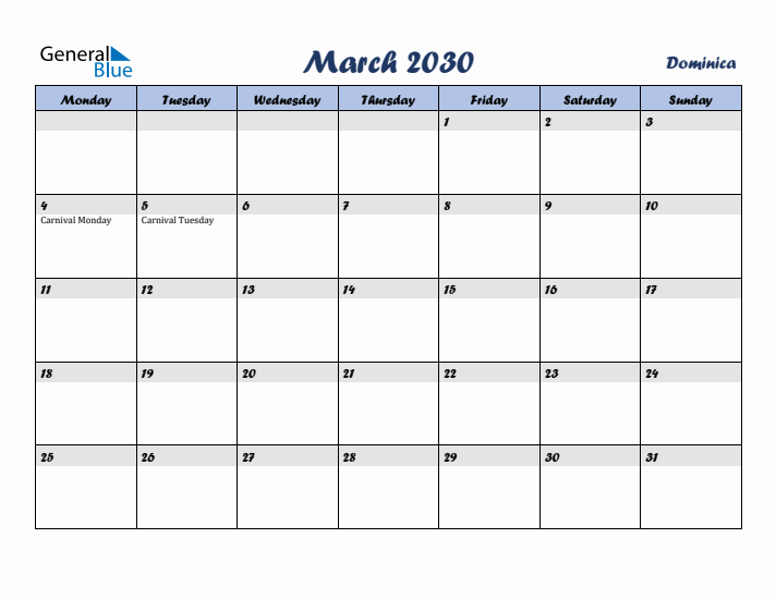 March 2030 Calendar with Holidays in Dominica