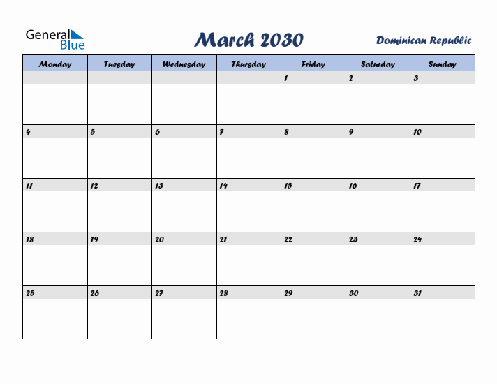 March 2030 Calendar with Holidays in Dominican Republic