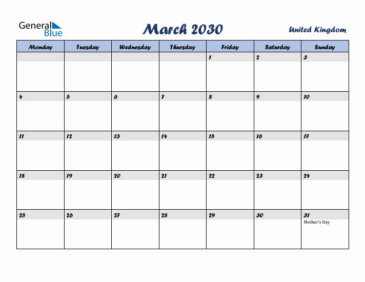 March 2030 Calendar with Holidays in United Kingdom