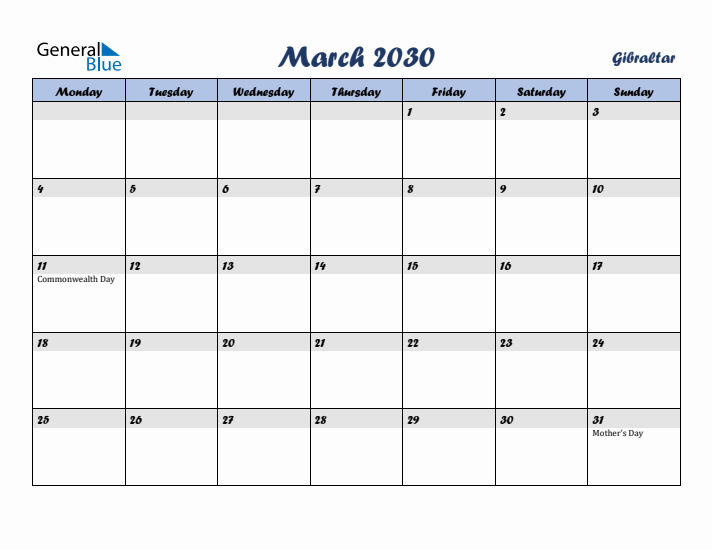 March 2030 Calendar with Holidays in Gibraltar