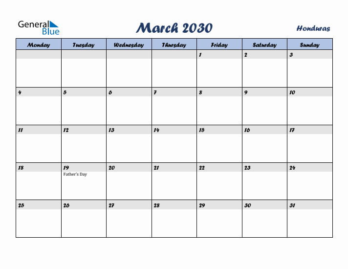 March 2030 Calendar with Holidays in Honduras