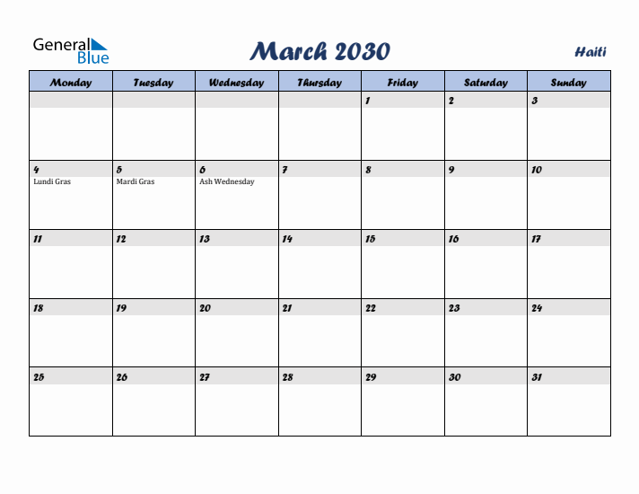 March 2030 Calendar with Holidays in Haiti