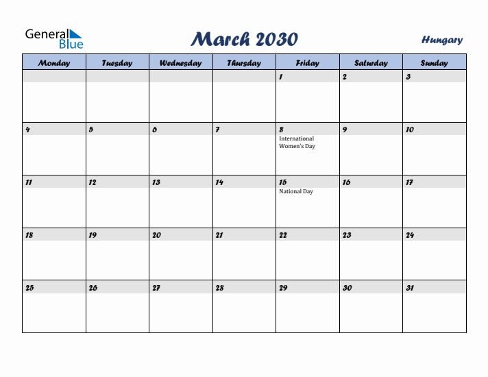 March 2030 Calendar with Holidays in Hungary