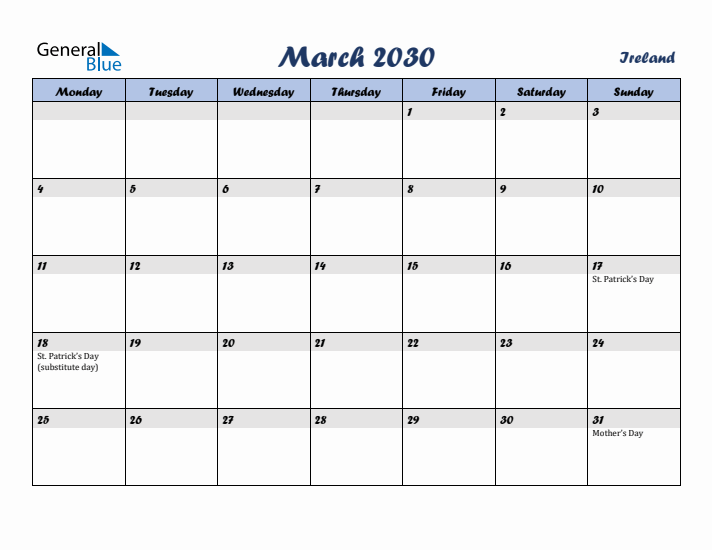 March 2030 Calendar with Holidays in Ireland