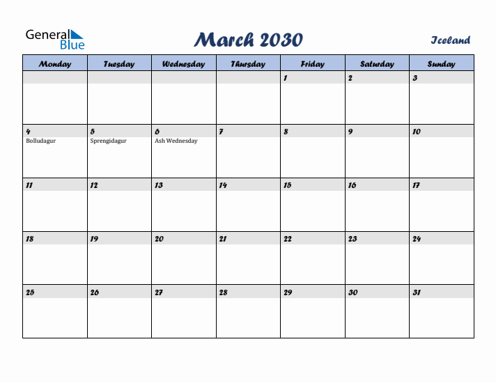 March 2030 Calendar with Holidays in Iceland