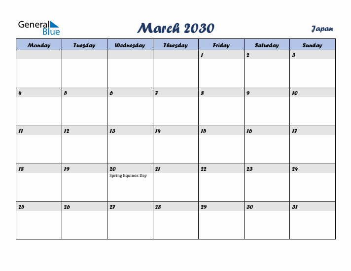 March 2030 Calendar with Holidays in Japan
