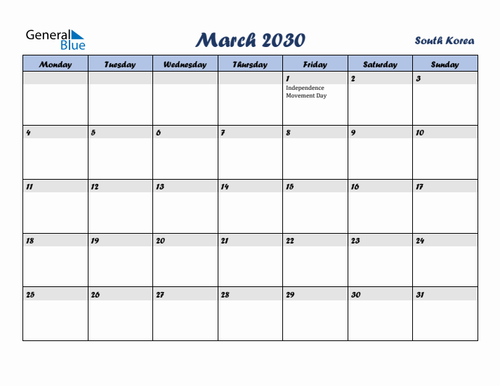 March 2030 Calendar with Holidays in South Korea