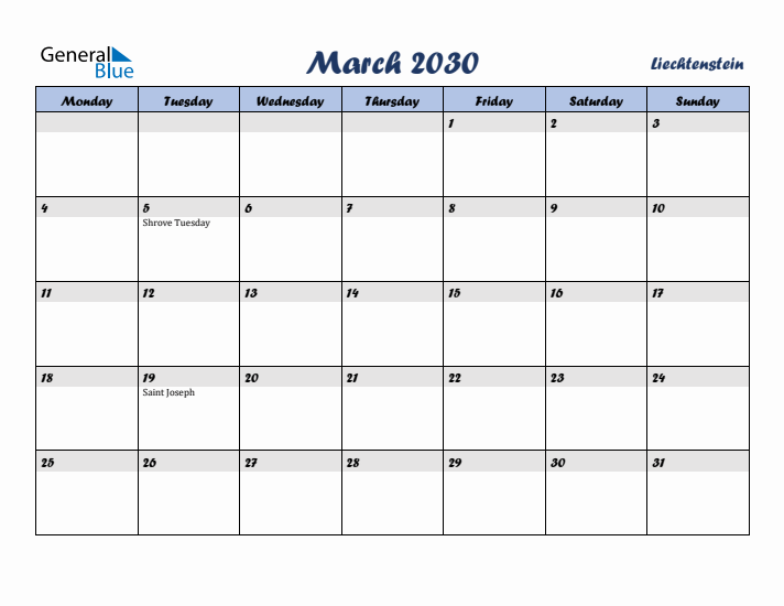 March 2030 Calendar with Holidays in Liechtenstein