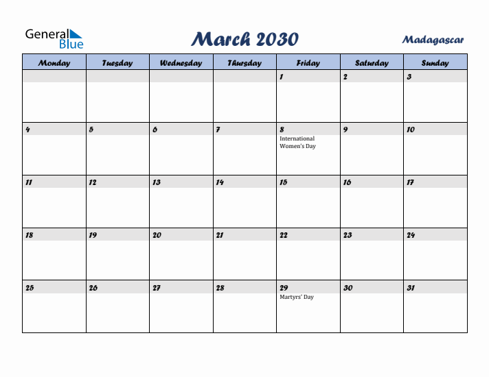 March 2030 Calendar with Holidays in Madagascar