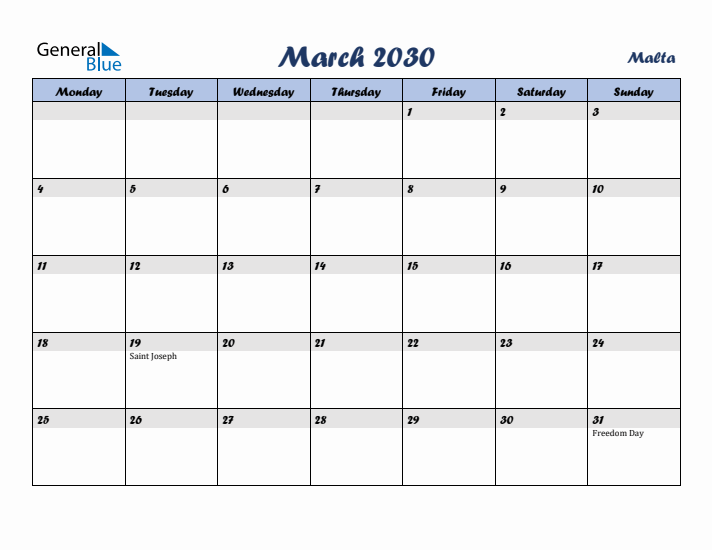 March 2030 Calendar with Holidays in Malta