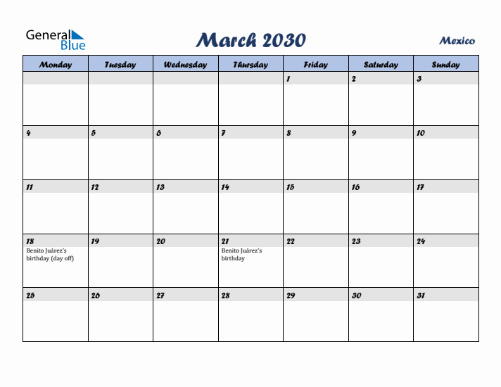 March 2030 Calendar with Holidays in Mexico