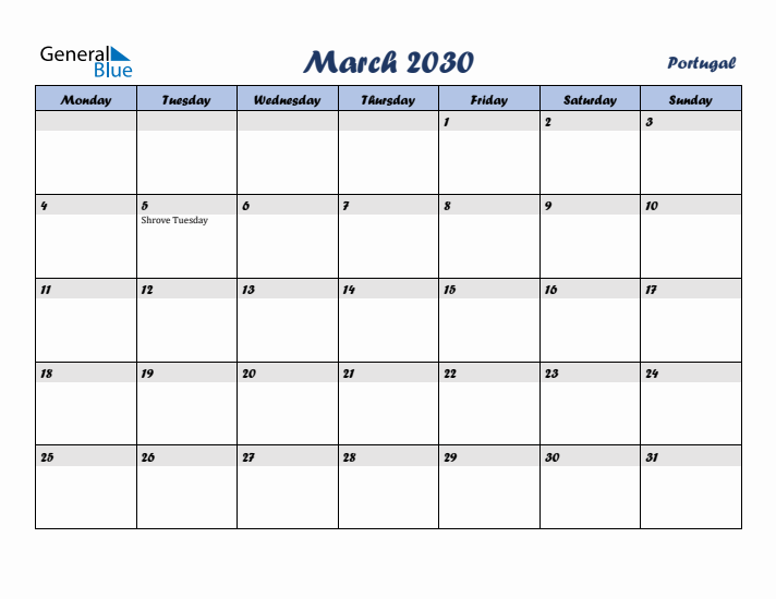 March 2030 Calendar with Holidays in Portugal