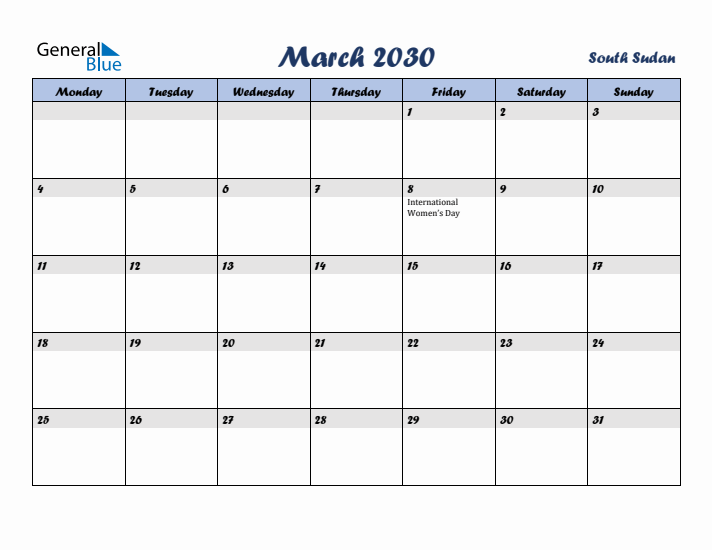 March 2030 Calendar with Holidays in South Sudan